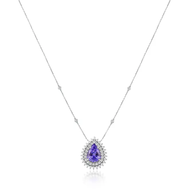 Pingente de Ouro Branco com Diamantes e Tanzanita de 1,55 Cts.