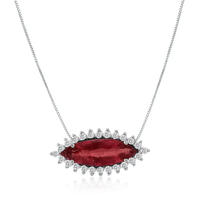 Pingente de Ouro Branco com Corrente, Diamantes e Turmalina Rosa de 1,50 Cts.