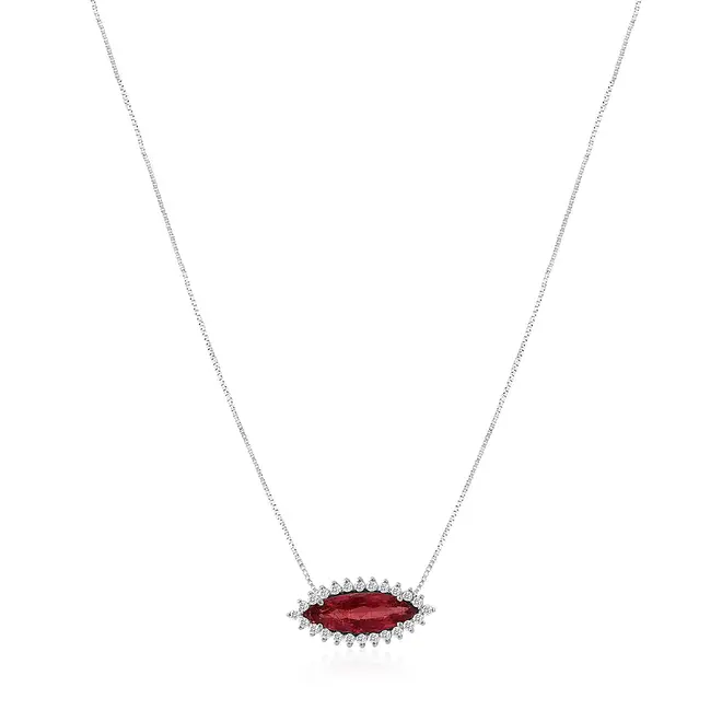 Pingente de Ouro Branco com Corrente, Diamantes e Turmalina Rosa de 1,50 Cts.