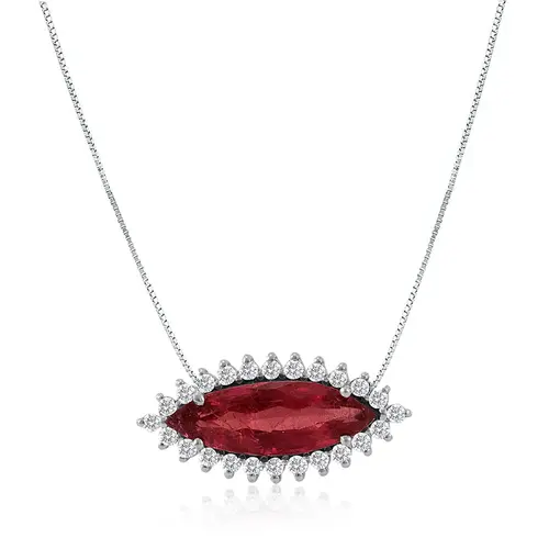 Pingente de Ouro Branco com Corrente, Diamantes e Turmalina Rosa de 1,50 Cts.
