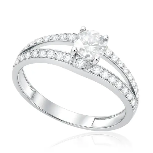 Anel Solitário 4 Garras de Ouro Branco com Diamantes e Diamante de 50 pts.