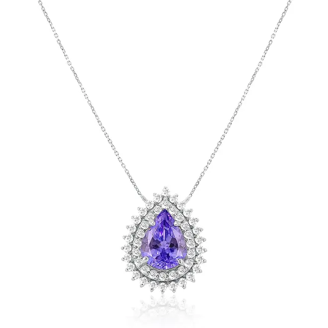 Pingente com Corrente de Ouro Branco, Diamantes e Tanzanita