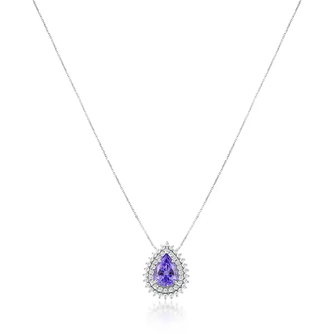 Pingente com Corrente de Ouro Branco, Diamantes e Tanzanita