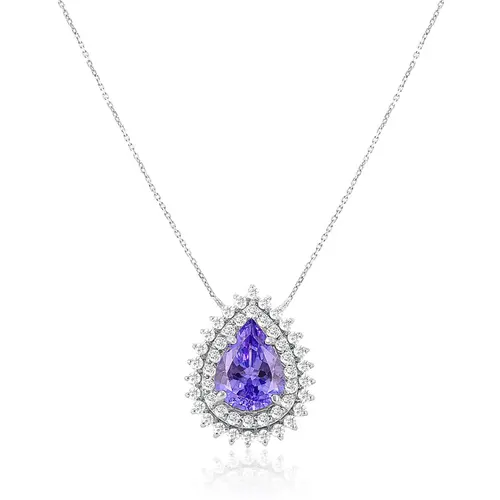 Pingente com Corrente de Ouro Branco, Diamantes e Tanzanita
