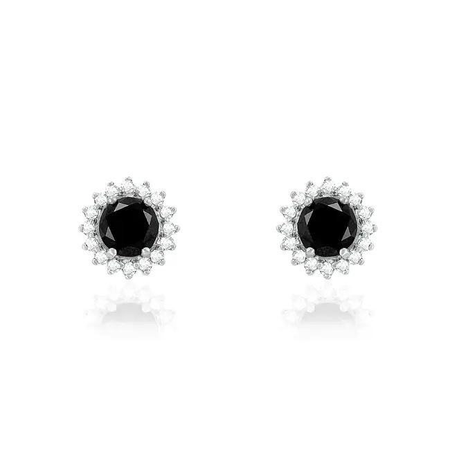 Par de Brincos de Ouro Branco com Diamantes Brancos e Negros