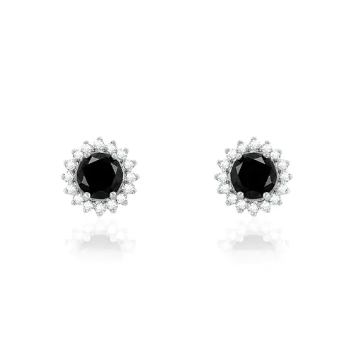 Par de Brincos de Ouro Branco com Diamantes Brancos e Negros