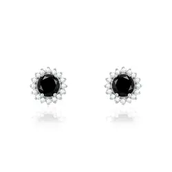 Par de Brincos de Ouro Branco com Diamantes Brancos e Negros