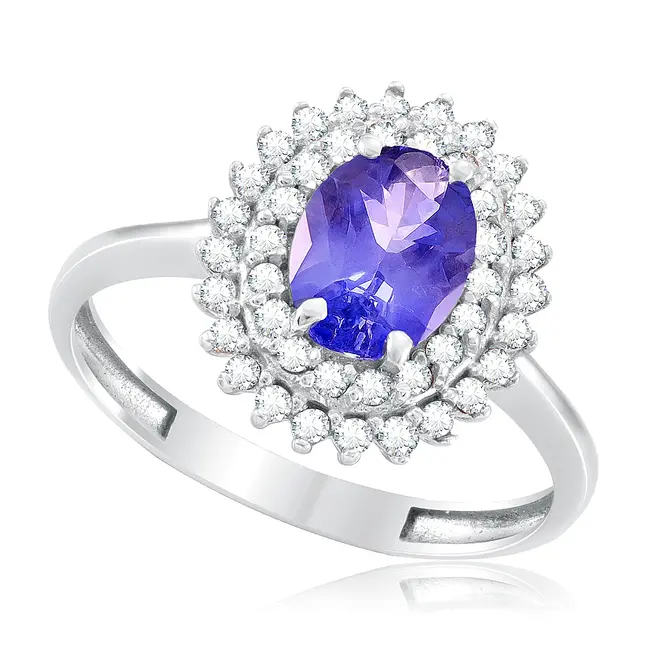 Anel de Ouro Branco com Diamantes e Tanzanita de 1,20 Cts.