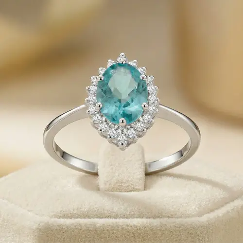 Anel de Ouro Branco com Diamantes e Apatita de 1,25 Cts.
