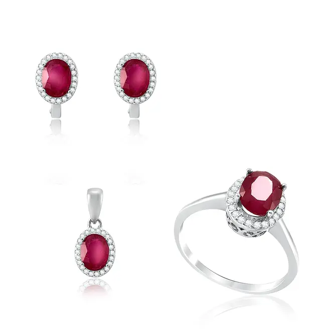Conjunto Par de Brincos, Pingente e Anel de Prata com Cristais e Rubis