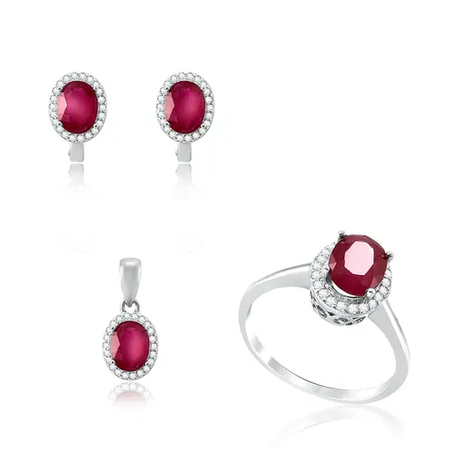 Conjunto Par de Brincos, Pingente e Anel de Prata com Cristais e Rubis
