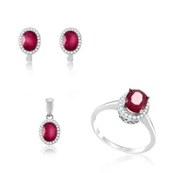 Conjunto Par de Brincos, Pingente e Anel de Prata com Cristais e Rubis