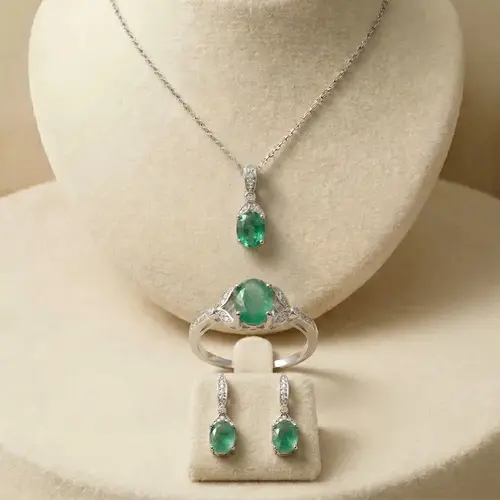 Conjunto Par de Brincos, Pingente e Anel de Prata com Cristais e Esmeraldas
