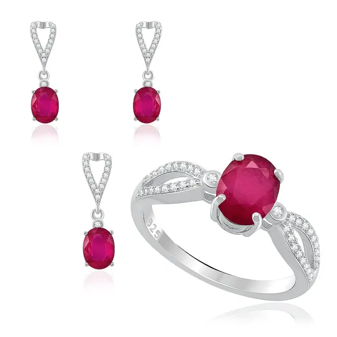 Conjunto Par de Brincos, Pingente e Anel de Prata com Cristais e Rubis