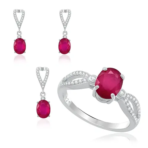 Conjunto Par de Brincos, Pingente e Anel de Prata com Cristais e Rubis