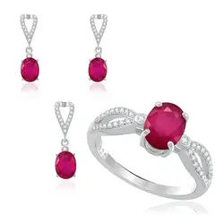 Conjunto Par de Brincos, Pingente e Anel de Prata com Cristais e Rubis