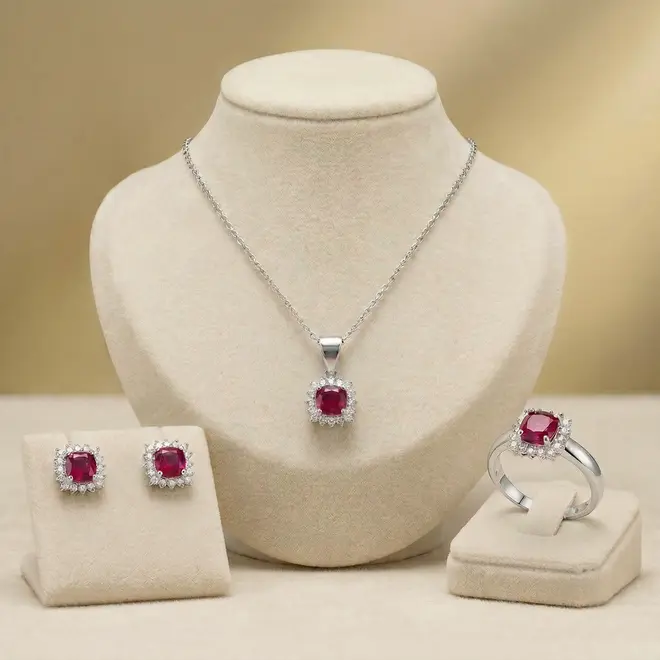 Conjunto Par de Brincos, Pingente e Anel de Prata com Cristais e Rubis