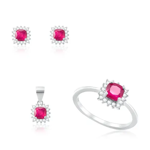 Conjunto Par de Brincos, Pingente e Anel de Prata com Cristais e Rubis