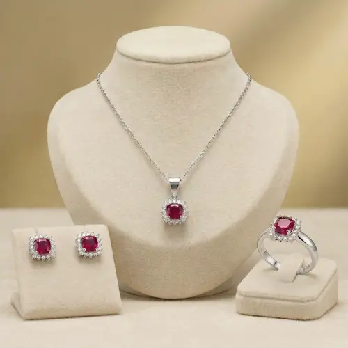 Conjunto Par de Brincos, Pingente e Anel de Prata com Cristais e Rubis