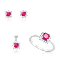 Conjunto Par de Brincos, Pingente e Anel de Prata com Cristais e Rubis
