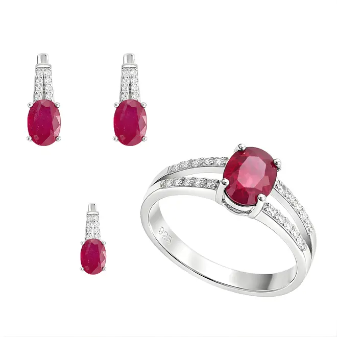 Conjunto Par de Brincos, Pingente e Anel de Prata com Cristais e Rubis