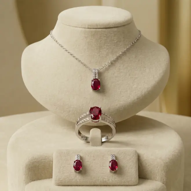Conjunto Par de Brincos, Pingente e Anel de Prata com Cristais e Rubis