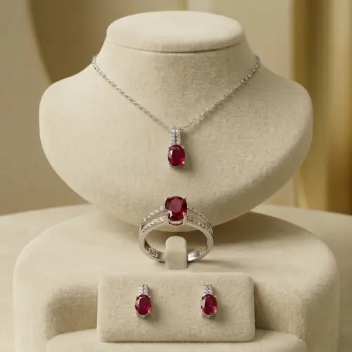 Conjunto Par de Brincos, Pingente e Anel de Prata com Cristais e Rubis