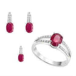 Conjunto Par de Brincos, Pingente e Anel de Prata com Cristais e Rubis