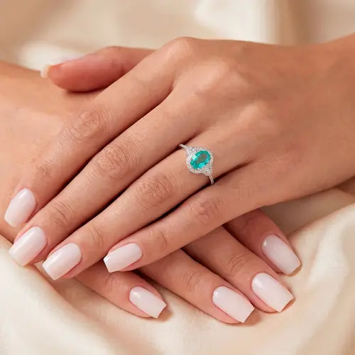 Anel de Ouro Branco com Diamantes e Turmalina Paraíba de 82 pts. - Com Certificado AGL 57407