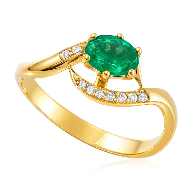 Anel de Ouro Amarelo com Diamantes e Esmeralda de 45 pts.