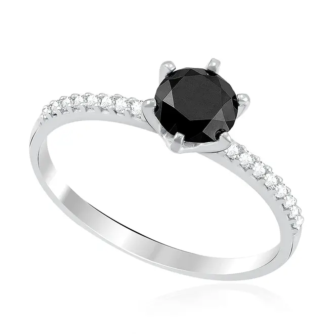 Anel Ouro Branco 18K com Diamantes Brancos e Diamante Negro de 90 pts.