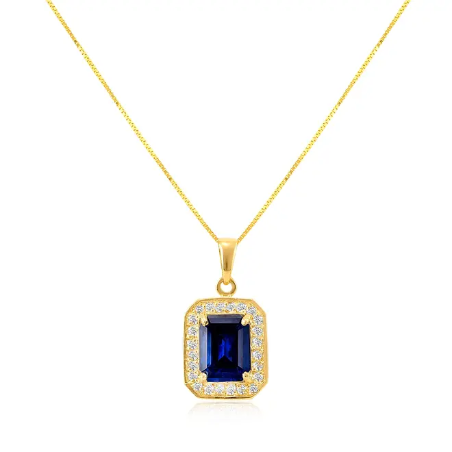 Pingente de Ouro amarelo com Corrente Veneziana, Diamantes e Safira de 2,33 Cts.