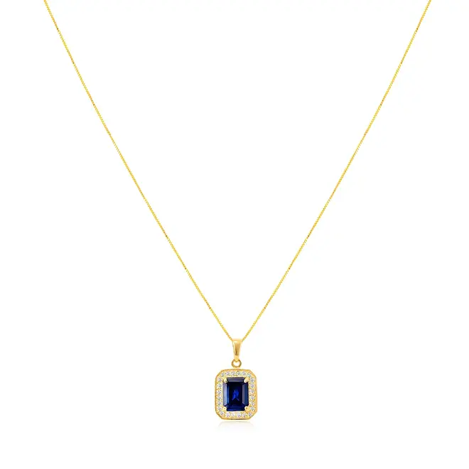 Pingente de Ouro amarelo com Corrente Veneziana, Diamantes e Safira de 2,33 Cts.