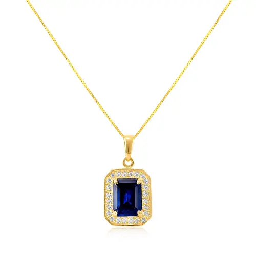 Pingente de Ouro amarelo com Corrente Veneziana, Diamantes e Safira de 2,33 Cts.