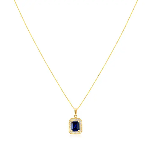 Pingente de Ouro amarelo com Corrente Veneziana, Diamantes e Safira de 2,33 Cts.