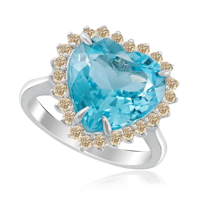 Anel Coração de Ouro Branco com Diamantes Chocolates e Topázio Azul de 5,2 Cts.