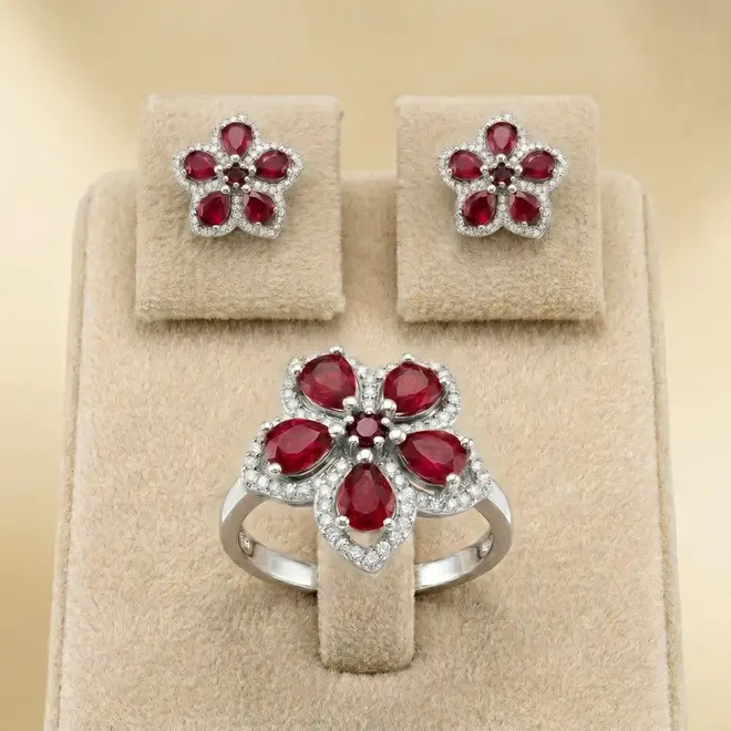 Conjunto Flor Anel e Par de Brincos de Prata com Cristais e Rubis