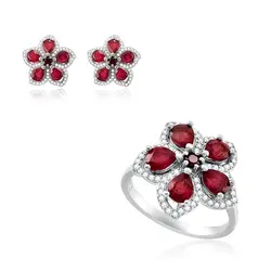 Conjunto Flor Anel e Par de Brincos de Prata com Cristais e Rubis