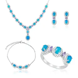 Conjunto Gargantilha, Pulseira, Par de Brincos e Anel de Prata com Cristais, Apatitas e Tanzanitas