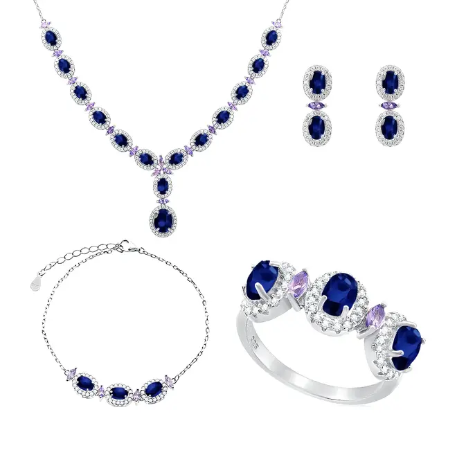 Conjunto Gargantilha, Pulseira, Par de Brincos e Anel de Prata com Cristais, Safiras e Tanzanitas