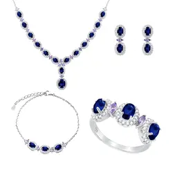 Conjunto Gargantilha, Pulseira, Par de Brincos e Anel de Prata com Cristais, Safiras e Tanzanitas