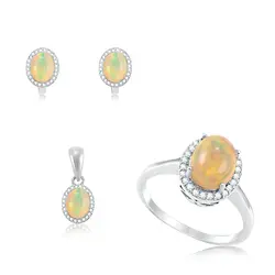 Conjunto de Anel, Par de Brincos e Pingente de Prata com Cristais e Opalas Cabochon, com Acabamento em Ródio 119978