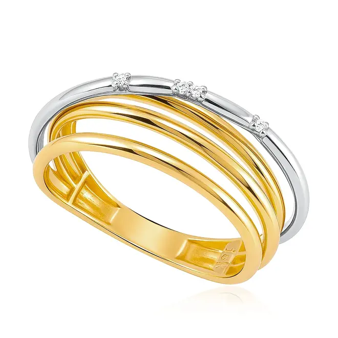 Anel 4 Aros de Ouro 2 Cores e 5 Diamantes