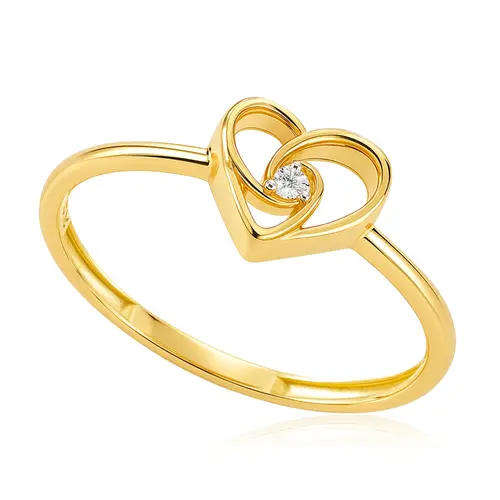 Anel Coração de Ouro Amarelo com Diamante
