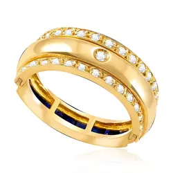 Anel de Ouro Amarelo com Diamantes e Safiras - Aro 20 - (NÃO ALTERA ARO)