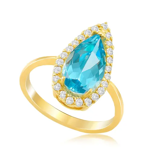 Anel de Ouro Amarelo com Diamantes e Topázio Azul de 2,0 Cts.