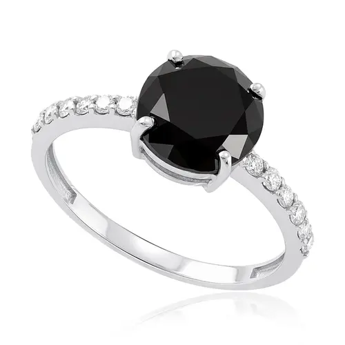 Anel de Ouro Branco com 36 pts em Diamantes e Diamante Negro de 3,10  Cts.
