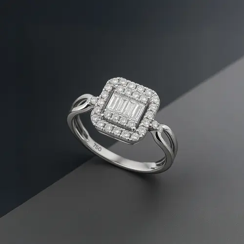 Anel Quadrado de Ouro Branco com Diamantes totalizando 33 pts.