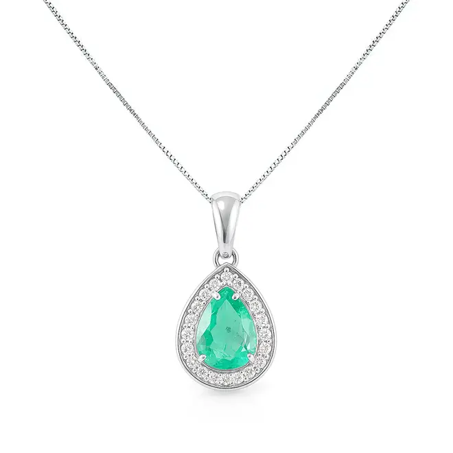 Pingente Gota de Ouro Branco com Corrente, Diamantes e Esmeralda Colombiana de 1,1 Cts.