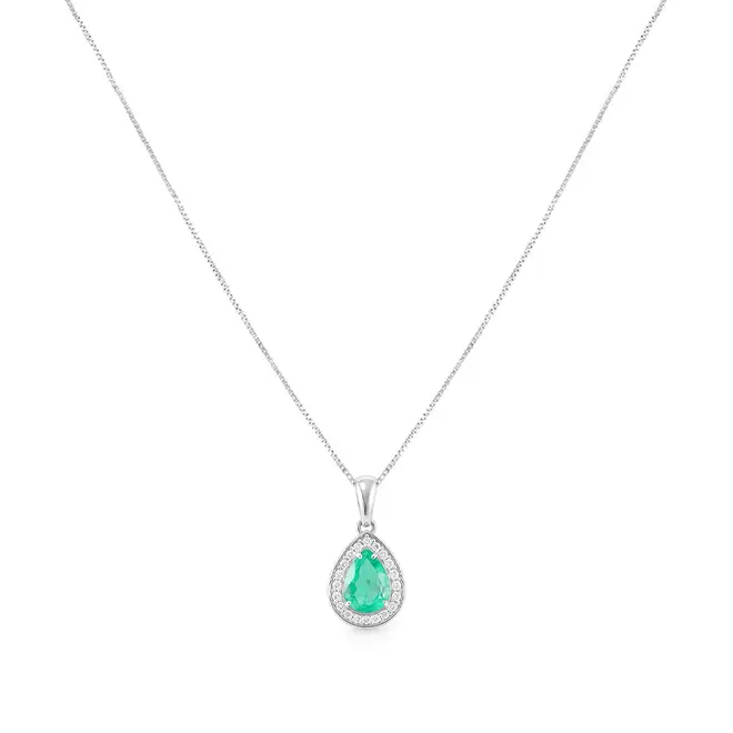 Pingente Gota de Ouro Branco com Corrente, Diamantes e Esmeralda Colombiana de 1,1 Cts.
